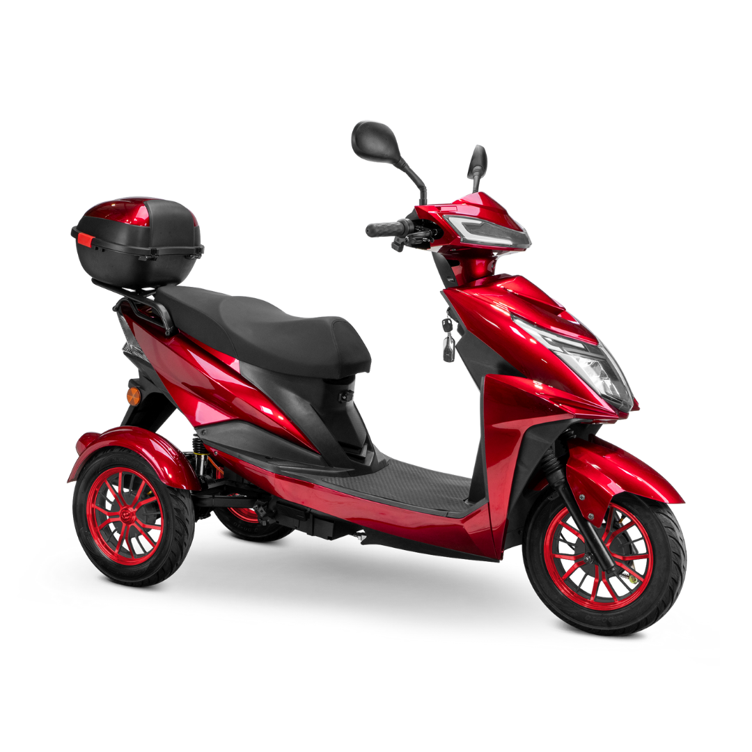 The Bespoke Regal Recreational 3-Wheel Scooter features a glossy red finish, powerful 600W motor, black seat, rear storage box, and mirrors, displayed from the side against a white background.